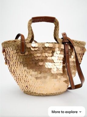 Zara Sequin Straw Tote Bag with Brown Straps - Gold, like new, unused